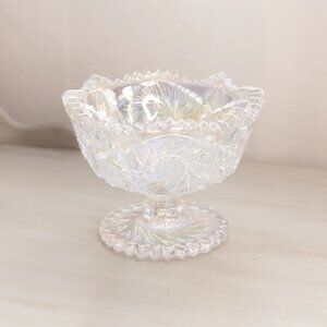 Vintage LE Smith Clear Iridescent Glass Sawtooth Edge Compote Footed Bowl